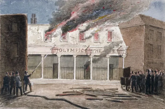 Framed Print : Fire at the Olympic Theatre, Wych Street, Westminster, London, 1849. Artist: J Maund