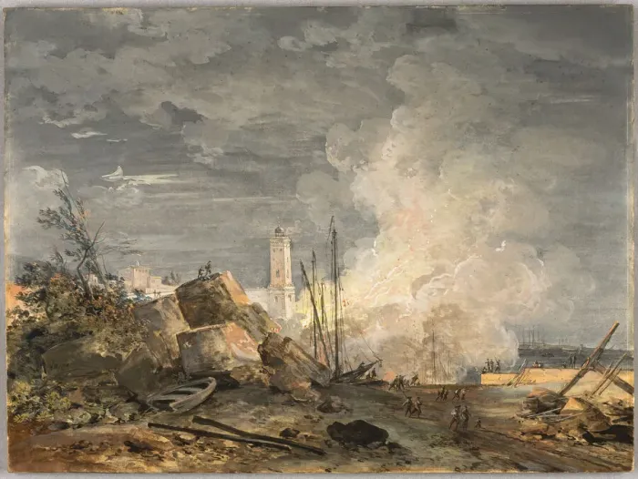 Framed Print : Fire in the Port, 1788. Creator: Louis Gabriel Moreau Framed Print : Fire in the Port, 1788. Creator: Louis Gabriel Moreau