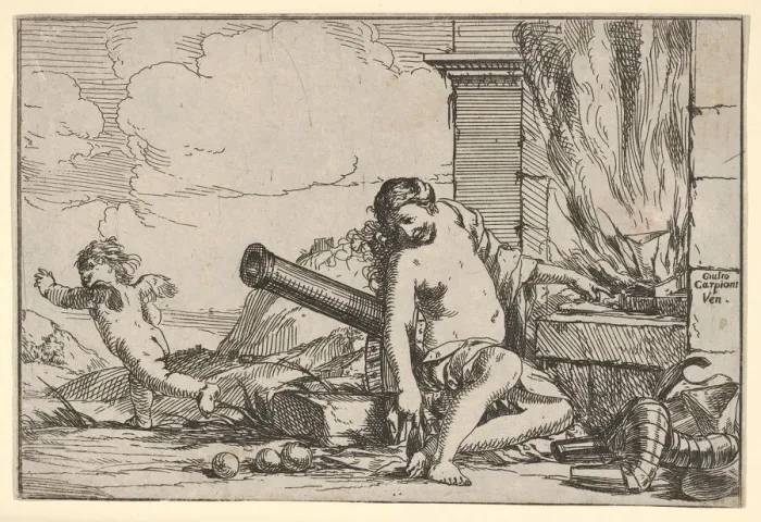Framed Print : Fire, represented by Venus seated before Vulcans forge, with armor, a cannon, and cann Framed Print : Fire, represented by Venus seated before Vulcans forge, with armor, a cannon, and cann
