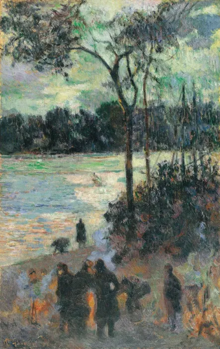 Framed Print : The Fire at the River Bank, 1886. Artist: Gauguin, Paul Eugene Henri (1848-1903) Framed Print : The Fire at the River Bank, 1886. Artist: Gauguin, Paul Eugene Henri (1848-1903)