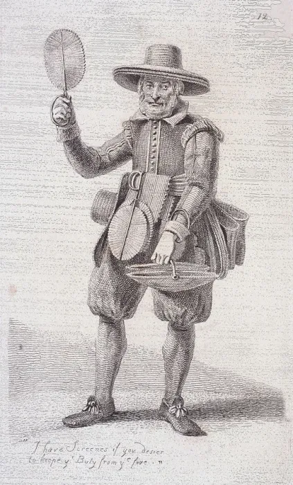 Framed Print : Fire screen seller, c1680, from Cries of London, (c1819?). Artist: John Thomas Smith Framed Print : Fire screen seller, c1680, from Cries of London, (c1819?). Artist: John Thomas Smith