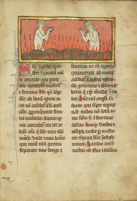 Framed Print : Fire Stones with a Naked Man and Woman; De Natura Avium; De Pastoribus et Ovibus, 1277 or after. Creator: Unknown Framed Print : Fire Stones with a Naked Man and Woman; De Natura Avium; De Pastoribus et Ovibus, 1277 or after. Creator: Unknown