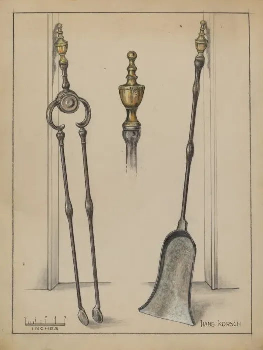 Framed Print : Fire Tongs, Shovel, and Jamb Hooks, c. 1936. Creator: Hans Korsch Framed Print : Fire Tongs, Shovel, and Jamb Hooks, c. 1936. Creator: Hans Korsch