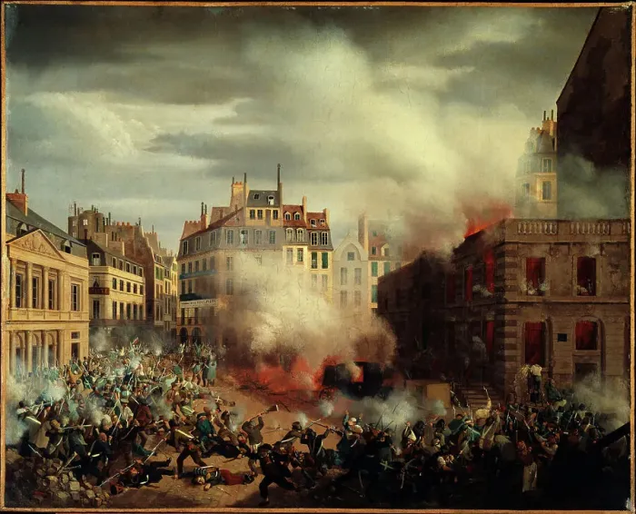 Framed Print : Fire in the water tower, Place du Palais-Royal, February 24, 1848. Creator: Eugene Henri Adolphe Hagnauer