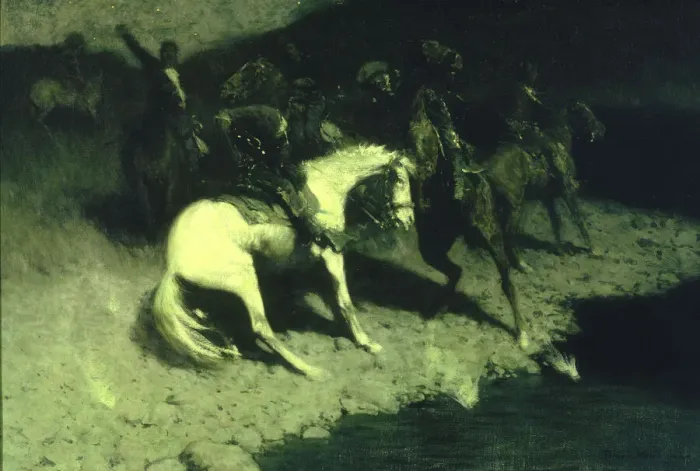 Framed Print : Fired On, 1907. Creator: Frederic Remington Framed Print : Fired On, 1907. Creator: Frederic Remington