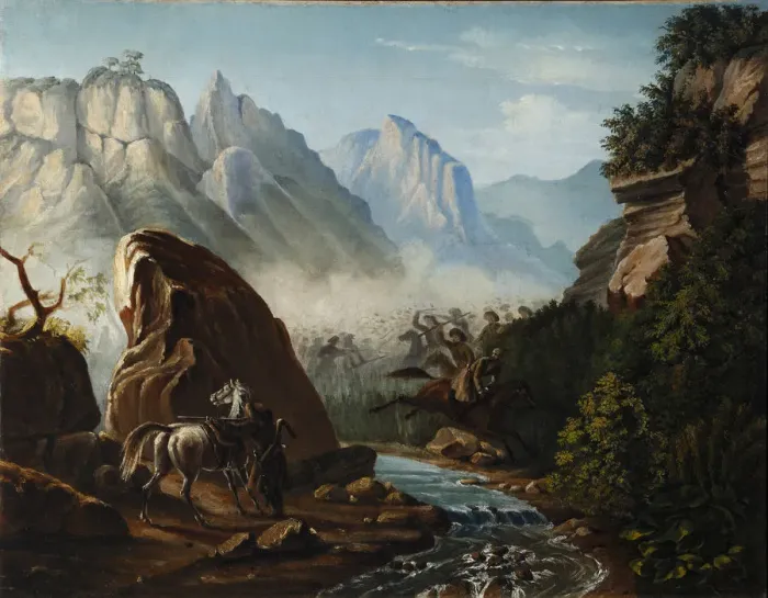 Framed Print : Firefight in the mountains of Dagestan, 1840-1841. Artist: Lermontov, Mikhail Yuryevich (1814-1841) Framed Print : Firefight in the mountains of Dagestan, 1840-1841. Artist: Lermontov, Mikhail Yuryevich (1814-1841)