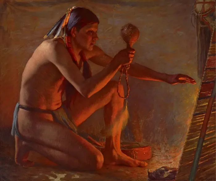 Framed Print : Firelight (Francisco Martinez), 1913. Creator: Joseph H. Sharp Framed Print : Firelight (Francisco Martinez), 1913. Creator: Joseph H. Sharp