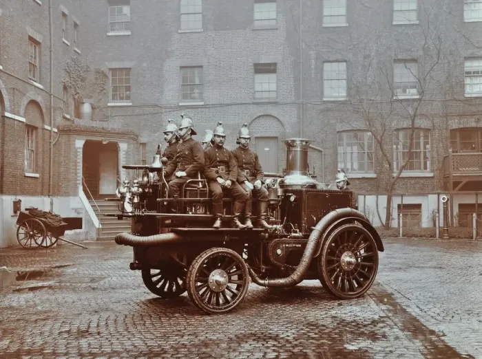 Framed Print : Firemen aboard a motor steamer, London Fire Brigade Headquarters, London, 1909 Framed Print : Firemen aboard a motor steamer, London Fire Brigade Headquarters, London, 1909