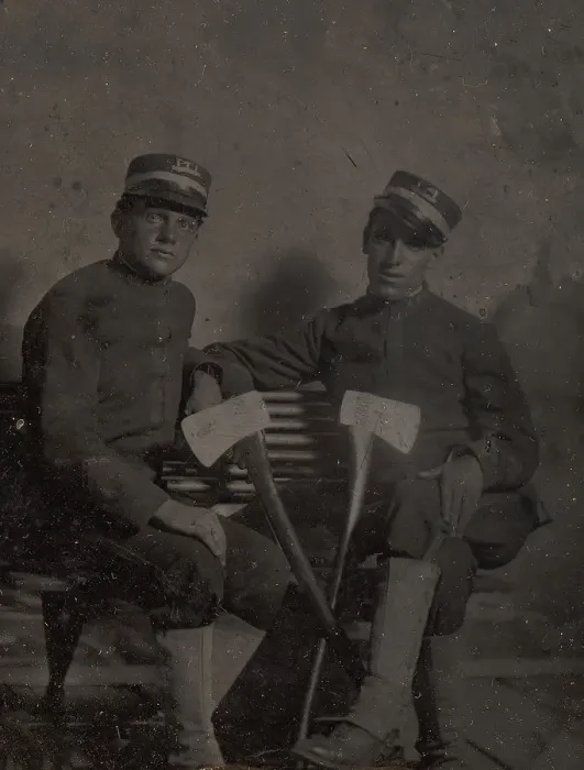 Framed Print : Two Firemen (?) with Axes, late 1850s-60s. Creator: Unknown Framed Print : Two Firemen (?) with Axes, late 1850s-60s. Creator: Unknown