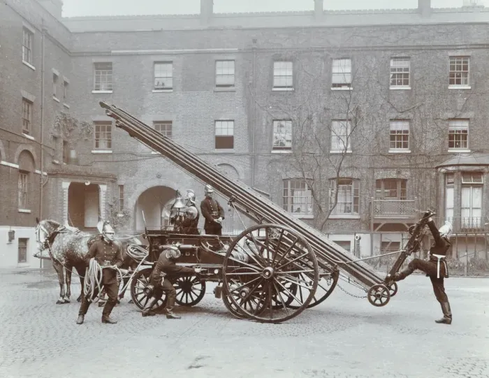 Framed Print : Firemen demonstrating a horse-drawm escape vehicle, London Fire Brigade Headquarters, London, 1910 Framed Print : Firemen demonstrating a horse-drawm escape vehicle, London Fire Brigade Headquarters, London, 1910
