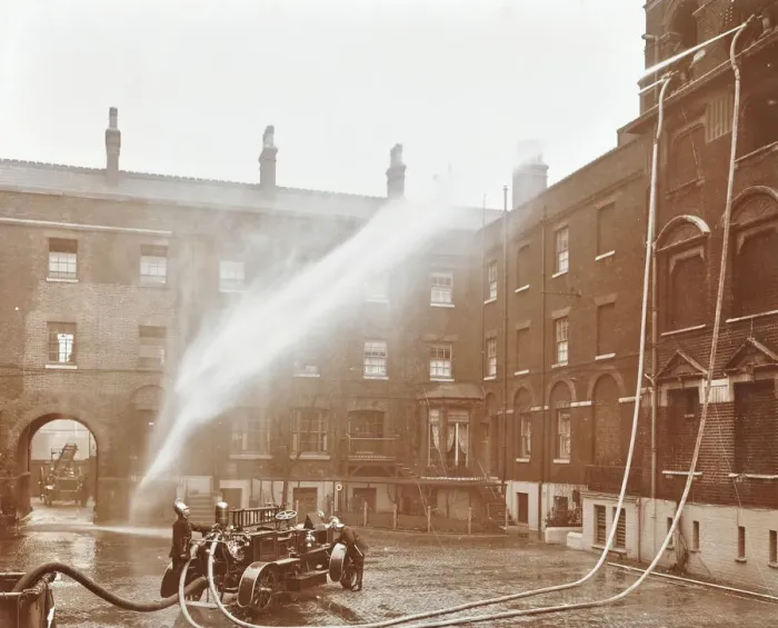 Framed Print : Firemen demonstrating hoses worked by a petrol motor pump, London Fire Brigade Headquarters, 1909 Framed Print : Firemen demonstrating hoses worked by a petrol motor pump, London Fire Brigade Headquarters, 1909