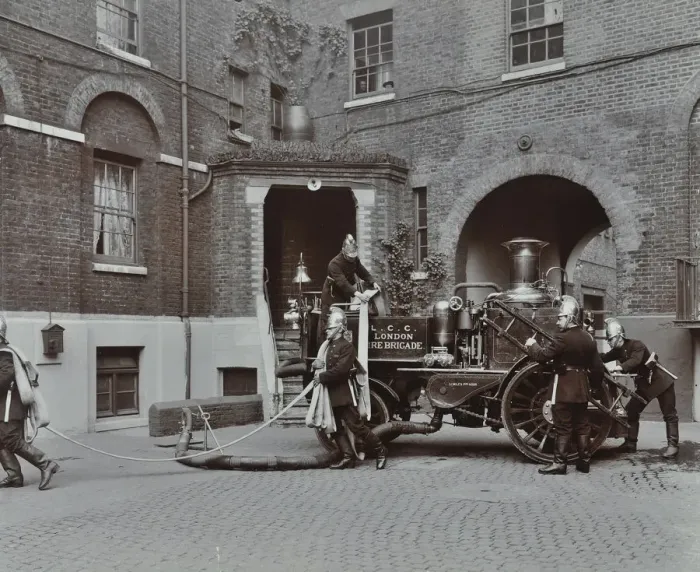 Framed Print : Firemen demonstrating motor steamer hoses, London Fire Brigade Headquarters, London, 1910 Framed Print : Firemen demonstrating motor steamer hoses, London Fire Brigade Headquarters, London, 1910