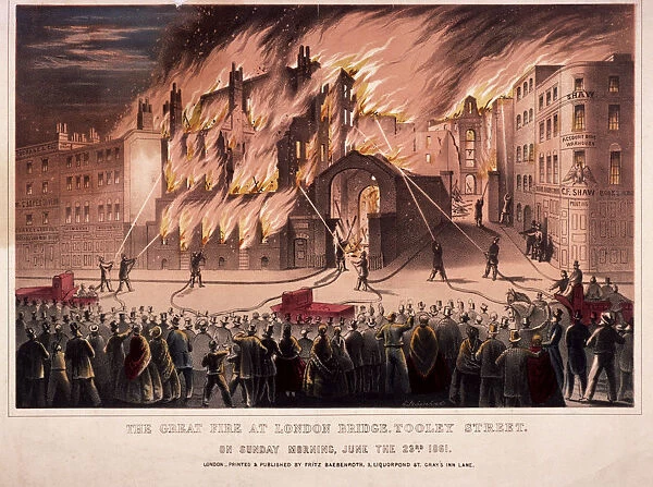 Firemen fighting the blaze at the Cottons Wharf Fire, Bermondsey, London, 1861