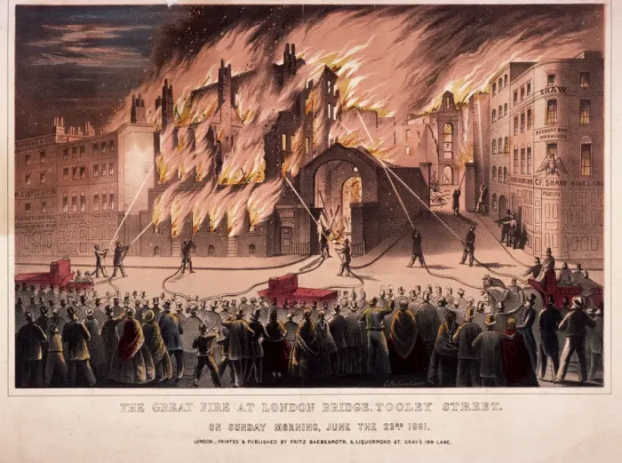 Framed Print : Firemen fighting the blaze at the Cottons Wharf Fire, Bermondsey, London, 1861 Framed Print : Firemen fighting the blaze at the Cottons Wharf Fire, Bermondsey, London, 1861