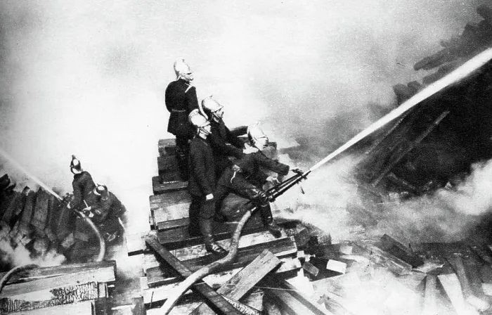 Framed Print : Firemen fighting a fire at a timber yard, London, 1926-1927 Framed Print : Firemen fighting a fire at a timber yard, London, 1926-1927