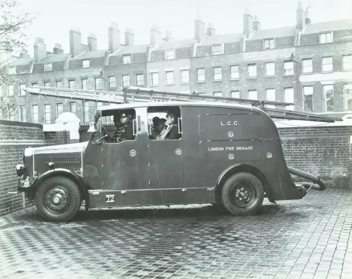 Framed Print : Firemen inside a fire engine, Kingsland Road Fire Station, London, 1935 Framed Print : Firemen inside a fire engine, Kingsland Road Fire Station, London, 1935