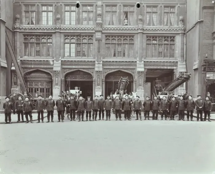Framed Print : Firemen lined up outside Bishopsgate Fire Station, Bishopsgate, City of London, 1908 Framed Print : Firemen lined up outside Bishopsgate Fire Station, Bishopsgate, City of London, 1908