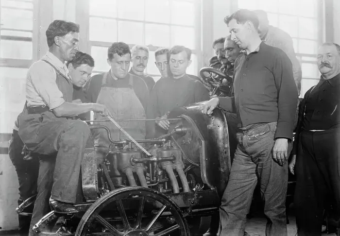 Framed Print : Firemen studying auto motor, between c1910 and c1915. Creator: Bain News Service Framed Print : Firemen studying auto motor, between c1910 and c1915. Creator: Bain News Service