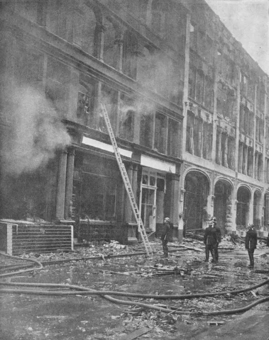 Framed Print : Firemen Tackle City Blaze, 1940, (1940) Framed Print : Firemen Tackle City Blaze, 1940, (1940)