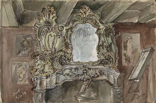 Fireplace with ornamental mirror in an interior, 1863. Creator: Isaac Gosschalk