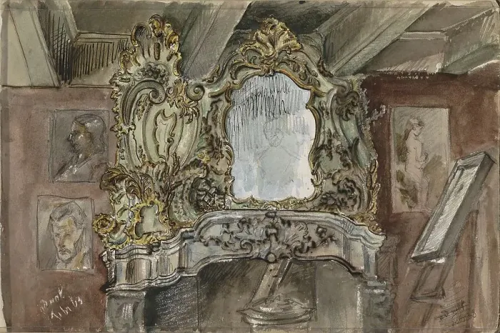Framed Print : Fireplace with ornamental mirror in an interior, 1863. Creator: Isaac Gosschalk Framed Print : Fireplace with ornamental mirror in an interior, 1863. Creator: Isaac Gosschalk