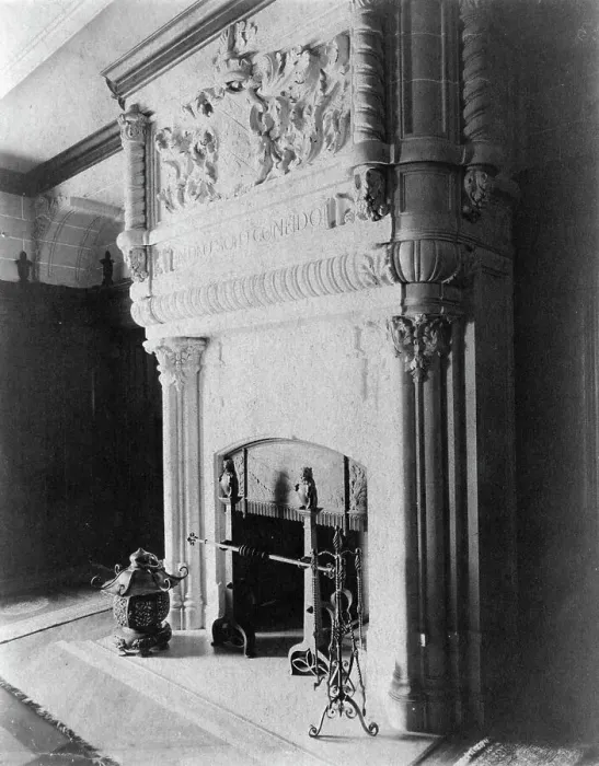 Framed Print : Fireplace, with words In Deo solo confido, in home of Edmund... Greenwich, Connecticut, 1908. Creator: Frances Benjamin Johnston. Fireplace, with words In Deo solo confido, in home of Edmund... Greenwich, Connecticut, 1908 Framed Print : Fireplace, with words In Deo solo confido, in home of Edmund... Greenwich, Connecticut, 1908. Creator: Frances Benjamin Johnston. Fireplace, with words In Deo solo confido, in home of Edmund... Greenwich, Connecticut, 1908