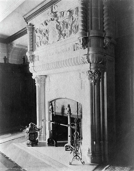 Fireplace, with words 'In Deo solo confido', in home of Edmund... Greenwich, Connecticut, 1908. Creator: Frances Benjamin Johnston. Fireplace, with words 'In Deo solo confido', in home of Edmund... Greenwich, Connecticut, 1908