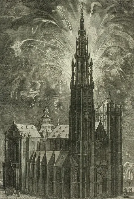 Framed Print : Firework around the Antwerp Cathedral, plate 41 from Casperius Gevartius, Pompa Introitus... 1642. Creator: Unknown Framed Print : Firework around the Antwerp Cathedral, plate 41 from Casperius Gevartius, Pompa Introitus... 1642. Creator: Unknown