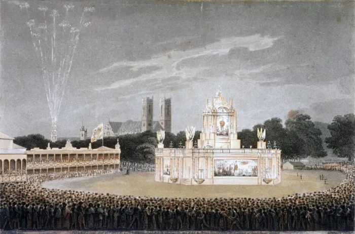 Framed Print : Firework display in Green Park, Westminster, London, 1814. Artist: Matthew Dubourg Framed Print : Firework display in Green Park, Westminster, London, 1814. Artist: Matthew Dubourg
