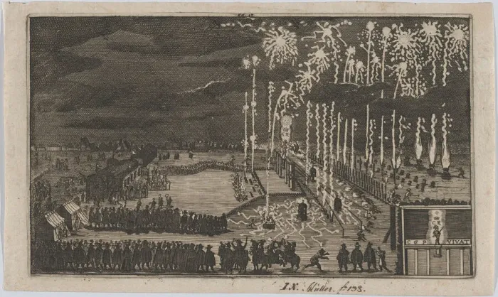 Framed Print : Firework display, Nuremberg 1649, reduced copy of Kurze Beschreibung dess kunstlich... after 1649. Creator: Anon Framed Print : Firework display, Nuremberg 1649, reduced copy of Kurze Beschreibung dess kunstlich... after 1649. Creator: Anon