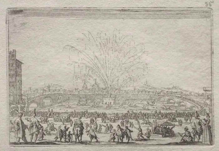 Framed Print : Fireworks on the Arno, c. 1622. Creator: Jacques Callot (French, 1592-1635) Framed Print : Fireworks on the Arno, c. 1622. Creator: Jacques Callot (French, 1592-1635)