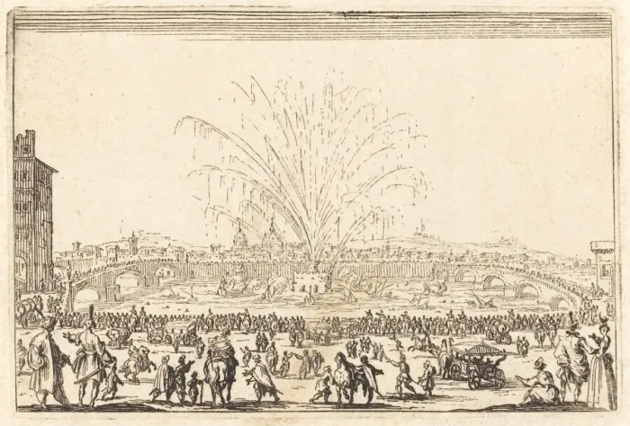 Framed Print : Fireworks on the Arno, Florence, c. 1622. Creator: Jacques Callot Framed Print : Fireworks on the Arno, Florence, c. 1622. Creator: Jacques Callot