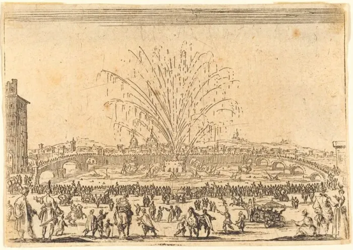 Framed Print : Fireworks on the Arno, Florence, c. 1622. Creator: Jacques Callot Framed Print : Fireworks on the Arno, Florence, c. 1622. Creator: Jacques Callot