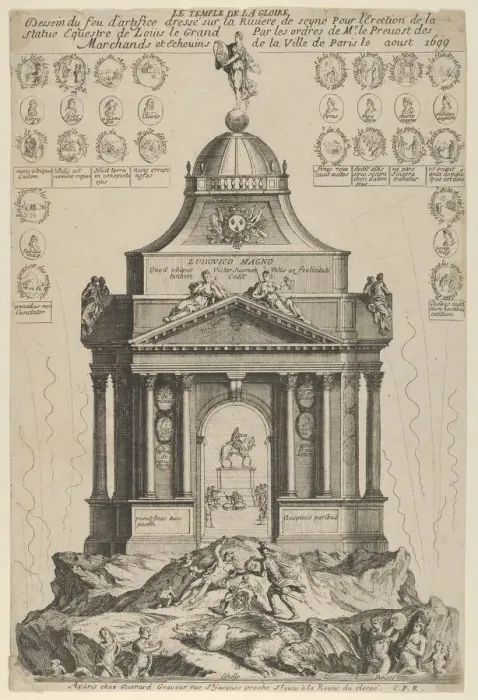 Framed Print : Fireworks celebrating the erection of the Temple of Glory and equestrian statue of Louis l... 1699. Creator: Anon Framed Print : Fireworks celebrating the erection of the Temple of Glory and equestrian statue of Louis l... 1699. Creator: Anon