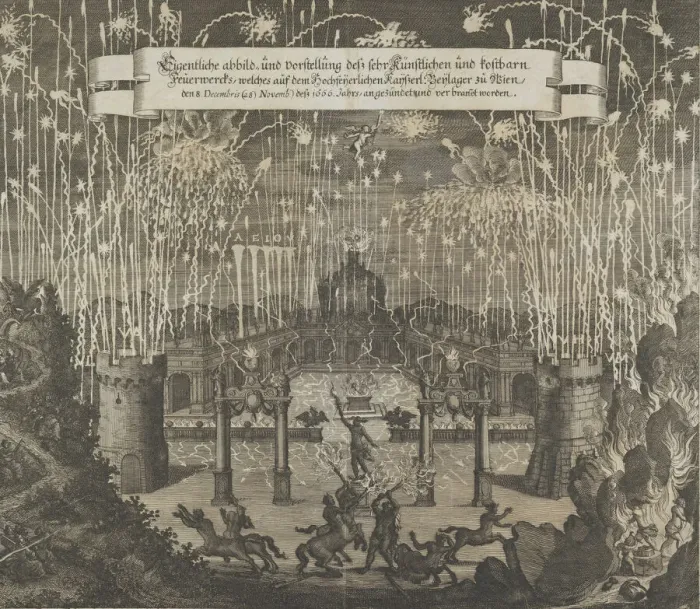 Framed Print : Fireworks celebrating the marriage of Emperor Leopold I and Margarita, Vienna 1666, after 1666. Creator: Melchior Küsel Framed Print : Fireworks celebrating the marriage of Emperor Leopold I and Margarita, Vienna 1666, after 1666. Creator: Melchior Küsel