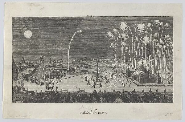 Fireworks display celebrating the end of the Thirty Years War, Nuremberg, 1650 Creator: Anon