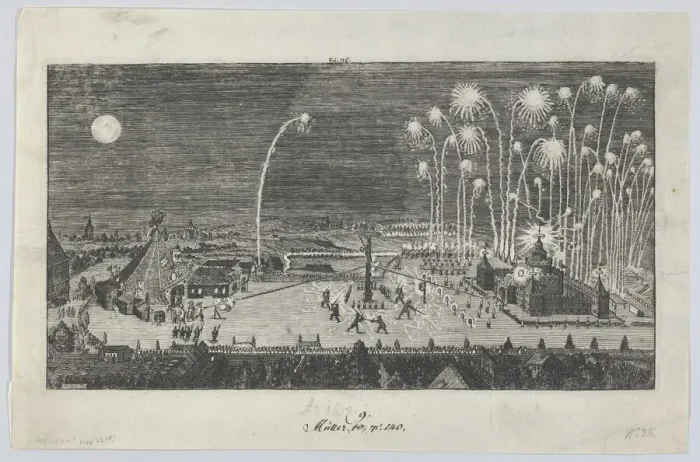 Framed Print : Fireworks display celebrating the end of the Thirty Years War, Nuremberg, 1650 Creator: Anon Framed Print : Fireworks display celebrating the end of the Thirty Years War, Nuremberg, 1650 Creator: Anon