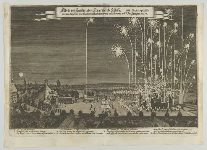 Framed Print : Fireworks display celebrating the end of the Thirty Years War, Nuremberg, 1650, 1650. 1650. Creator: Anon Framed Print : Fireworks display celebrating the end of the Thirty Years War, Nuremberg, 1650, 1650. 1650. Creator: Anon