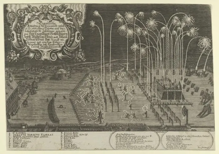Framed Print : Fireworks display by Engelhart Holtzschuer, Jobst Wilhelm Ebner and Johann Tobias Ebner as... 1661. Creator: Lukas Schnitzer Framed Print : Fireworks display by Engelhart Holtzschuer, Jobst Wilhelm Ebner and Johann Tobias Ebner as... 1661. Creator: Lukas Schnitzer