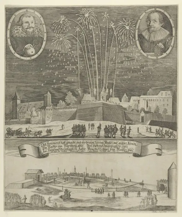 Framed Print : Fireworks display by Lorenz Müller as proof of mastership, Nuremberg 1635. Creator: Anon Framed Print : Fireworks display by Lorenz Müller as proof of mastership, Nuremberg 1635. Creator: Anon