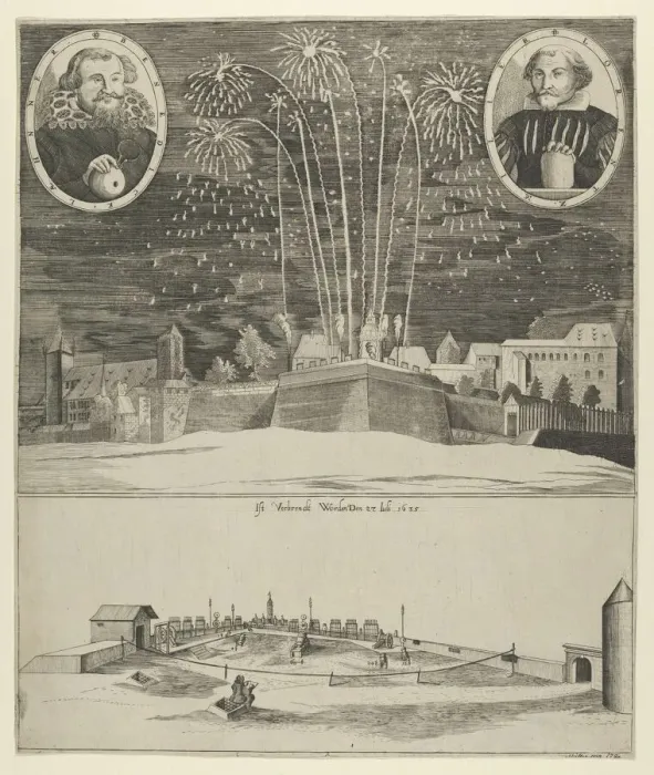 Framed Print : Fireworks display by Lorenz Müller as proof of his mastership, Nuremberg, 1635. Creator: Anon Framed Print : Fireworks display by Lorenz Müller as proof of his mastership, Nuremberg, 1635. Creator: Anon