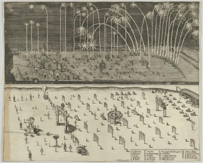 Framed Print : Fireworks display, Nuremberg, 1659. Creator: Anon Framed Print : Fireworks display, Nuremberg, 1659. Creator: Anon