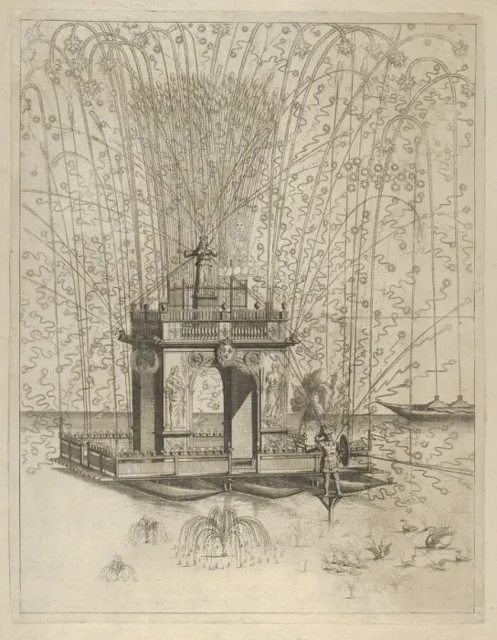 Framed Print : Fireworks display with triumphal arch supported by three pontoons on the water, de... 17th century. Creator: Anon Framed Print : Fireworks display with triumphal arch supported by three pontoons on the water, de... 17th century. Creator: Anon