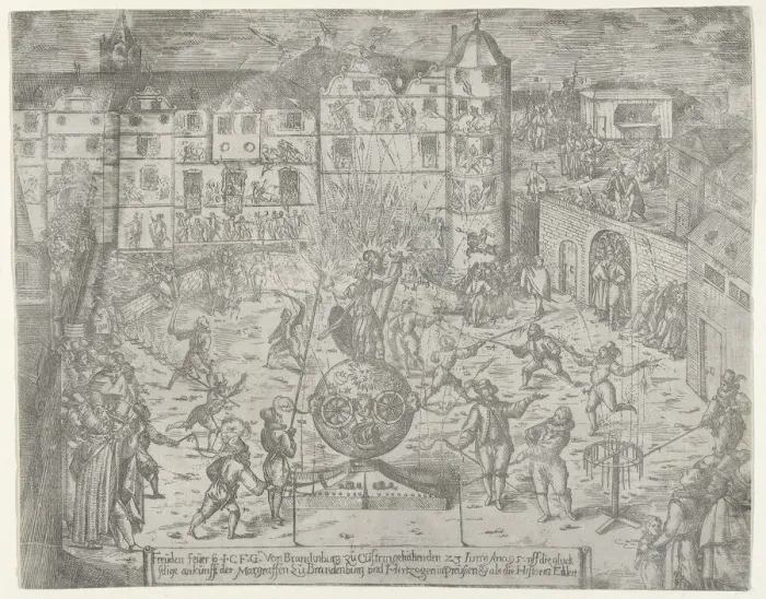 Framed Print : Fireworks on June 23, 1595, for the entry to Küstrin of the Margrave of Brandenburg and Du... 1595. Creator: Georg Keller Framed Print : Fireworks on June 23, 1595, for the entry to Küstrin of the Margrave of Brandenburg and Du... 1595. Creator: Georg Keller