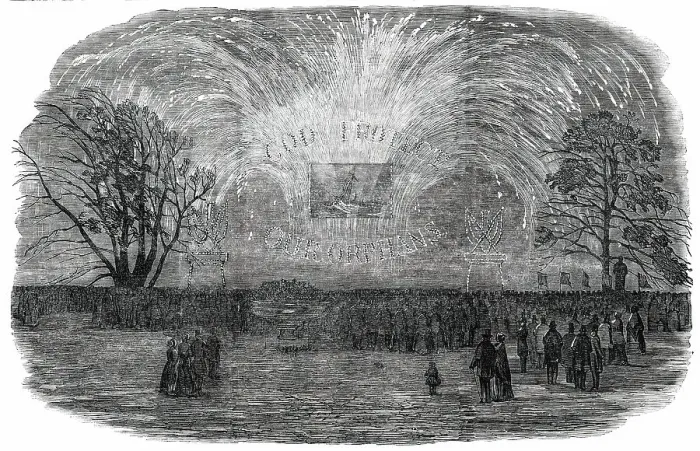 Framed Print : Fireworks at the Merchant Seamen's Orphan Asylum, Bow-Road, on Tuesday, 1850. Creator: Unknown Framed Print : Fireworks at the Merchant Seamen's Orphan Asylum, Bow-Road, on Tuesday, 1850. Creator: Unknown