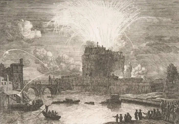 Framed Print : Fireworks in Rome Over Castel Sant Angelo, 18th century. Creator: Adriaen Manglard Framed Print : Fireworks in Rome Over Castel Sant Angelo, 18th century. Creator: Adriaen Manglard