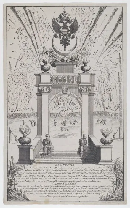 Framed Print : Fireworks and triumphal arch erected in Buda to celebrate the expulsion of the Turks, Sept... 1686. Creator: Anon Framed Print : Fireworks and triumphal arch erected in Buda to celebrate the expulsion of the Turks, Sept... 1686. Creator: Anon