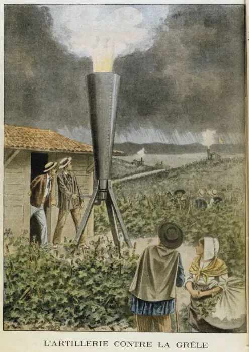 Framed Print : Firing a cannon into clouds to prevent a hail storm, 1901 Framed Print : Firing a cannon into clouds to prevent a hail storm, 1901