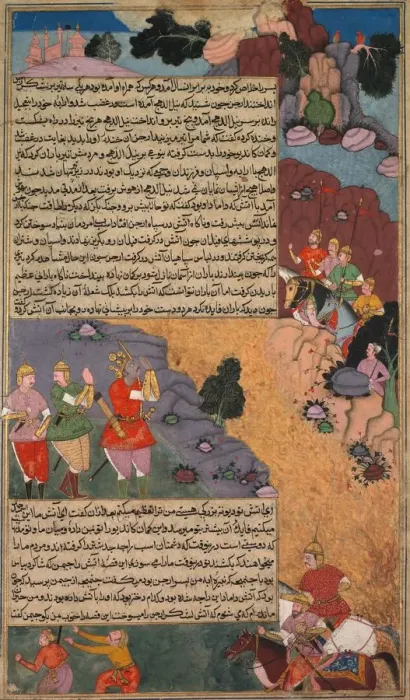 Framed Print : The First Adventure of the White Horse, Page from the Khan Khanans Razm Nama... c Framed Print : The First Adventure of the White Horse, Page from the Khan Khanans Razm Nama... c