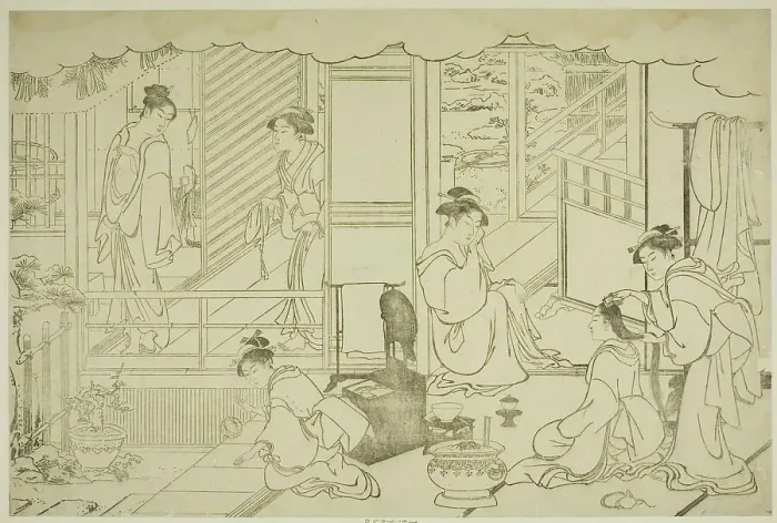 Framed Print : The First Bath of the New Year (Yudono hajime), from the illustrated book Colors of the... c.1787. Creator: Torii Kiyonaga. The First Bath of the New Year (Yudono hajime), from the illustrated book Colors of the... c.1787 Framed Print : The First Bath of the New Year (Yudono hajime), from the illustrated book Colors of the... c.1787. Creator: Torii Kiyonaga. The First Bath of the New Year (Yudono hajime), from the illustrated book Colors of the... c.1787